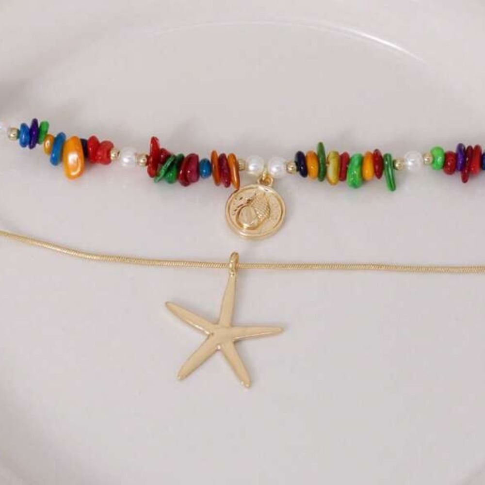 Gold starfish Colorful Beaded Necklace M559 - Picture 2 of 4